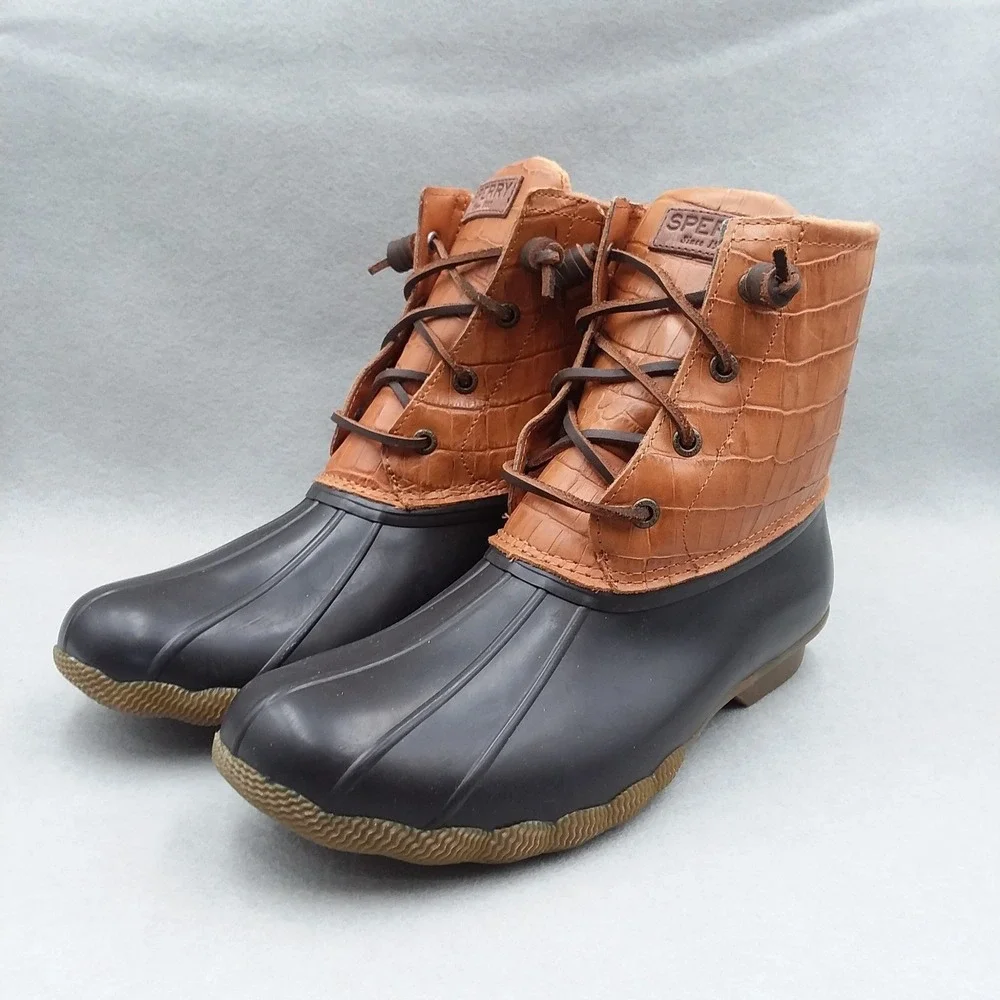 Sperry Saltwater Croc Embossed Duck‎ Boots Women's 10 Brown Leather Waterproof